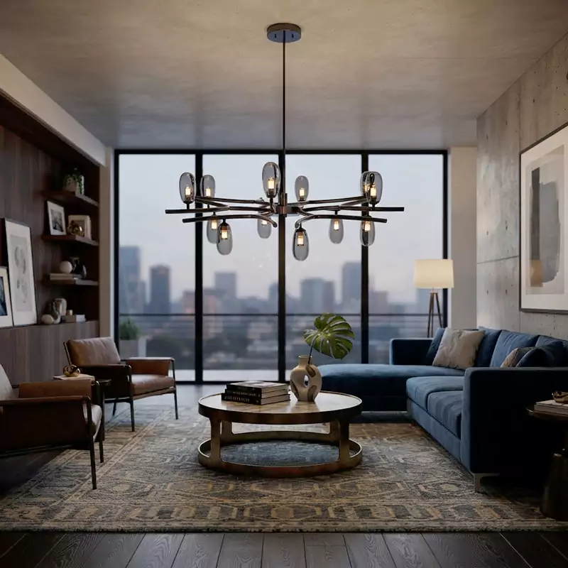 Sprig Bronze Chandelier with Sage Green Blown Glass Shades