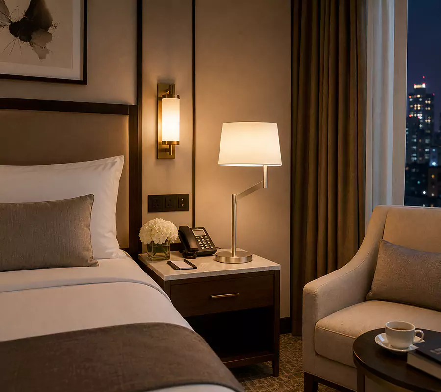 Hotel Bedside Table Lamp with Angled Arm