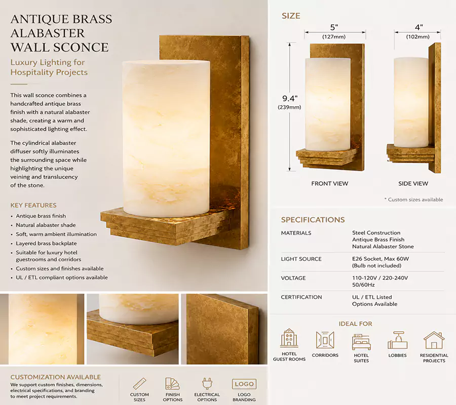 Antique Brass Alabaster Wall Sconce for Hotel Guest Rooms