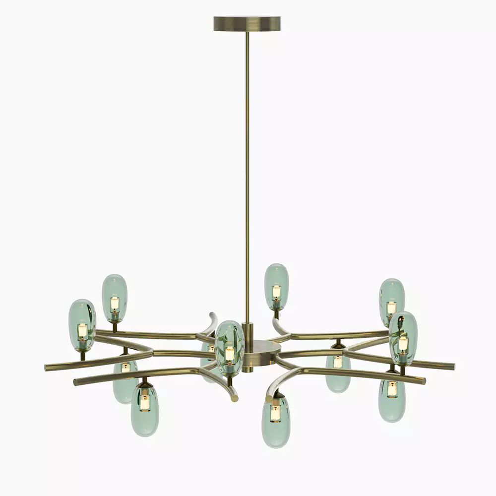 Sprig Bronze Chandelier with Sage Green Blown Glass Shades