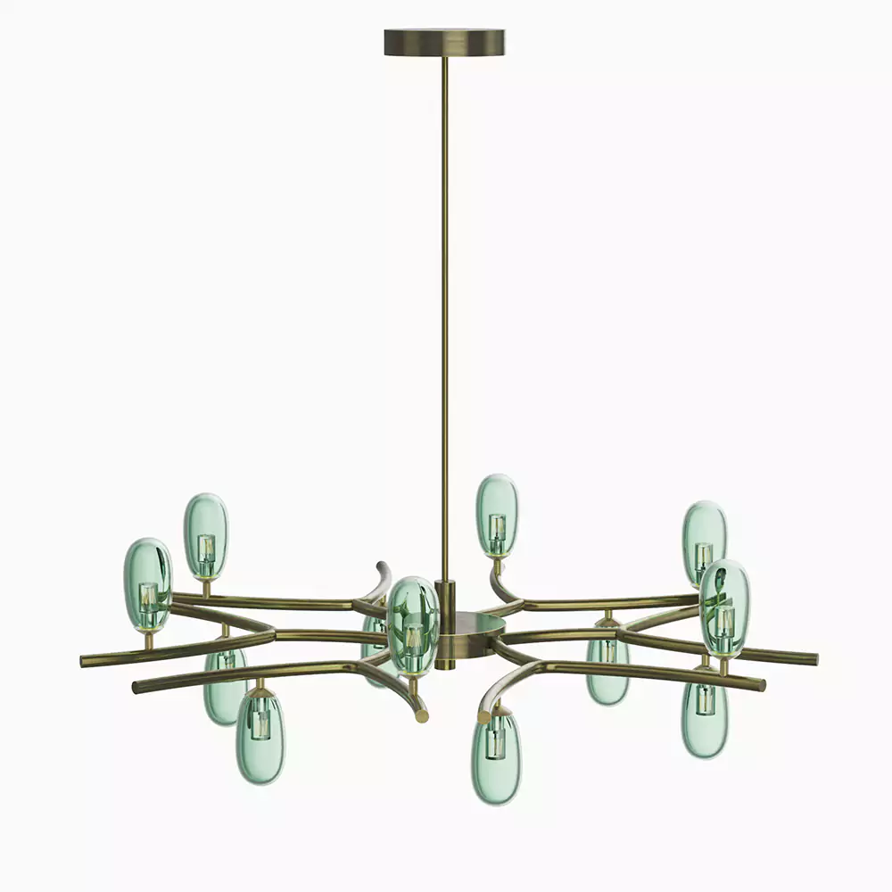 Sprig Bronze Chandelier with Sage Green Blown Glass Shades
