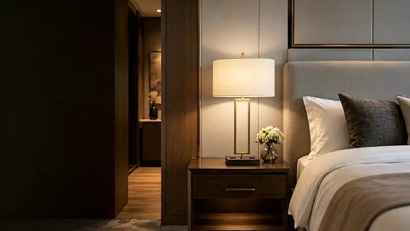Hospitality Rectangular Bedside Lamp With Dual Power Outlets